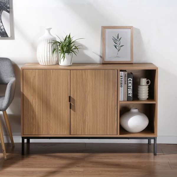 Buffet 2 portes 2 niches ouvertes effet bois rainuré L110 cm - TARA