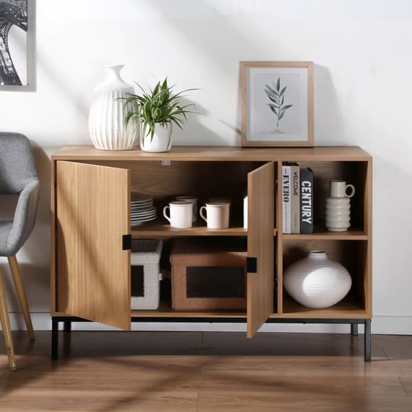 Buffet 2 portes 2 niches ouvertes effet bois rainuré L110 cm - TARA