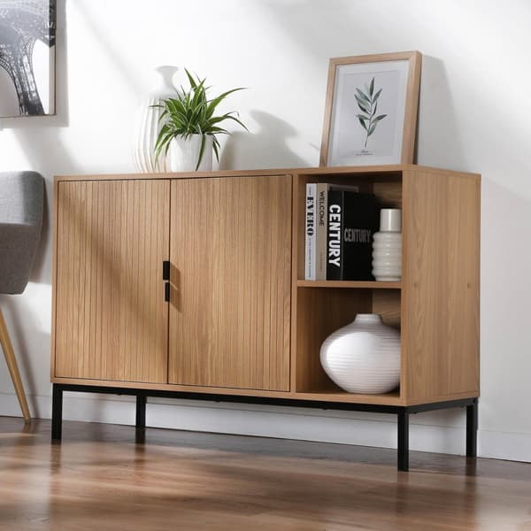 Buffet 2 portes 2 niches ouvertes effet bois rainuré L110 cm - TARA