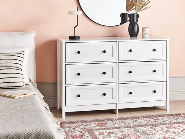 6 Skuffer Kommode Hvit Svart Accenter Engineered Wood Massivtre Ben Stue Stilig Retro