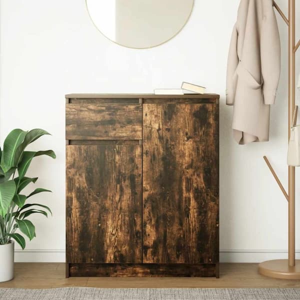 vidaXL skænk med skuffe 71x35x84 cm konstrueret træ røget egetræ