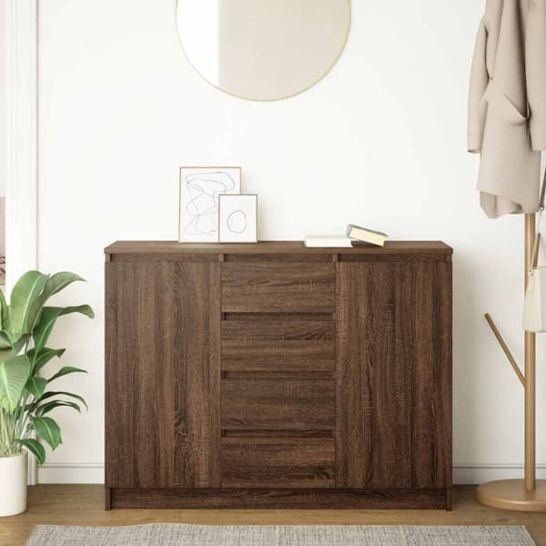 vidaXL skænk med skuffer 100,5x35x76 cm konstrueret træ brun egetræ