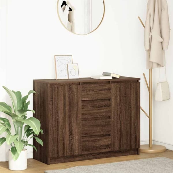 vidaXL skænk med skuffer 100,5x35x76 cm konstrueret træ brun egetræ