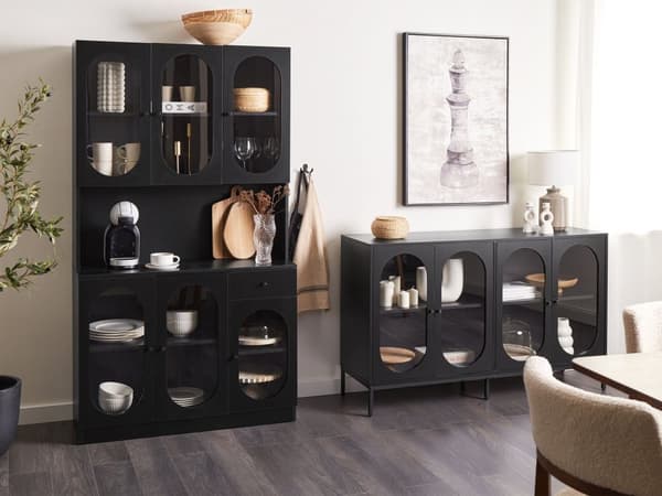 Skänk Svart Spånskiva Härdat Glas med Hyllor Järnben Matsal Elegant