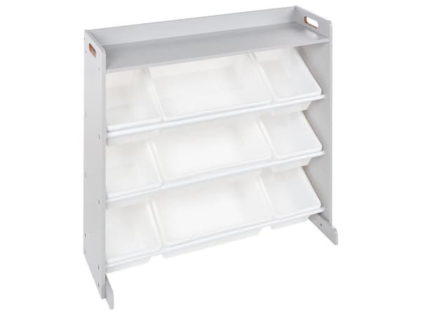 Hylde med 9 opbevaringskasser gråhvid MDF plastkasser opbevaring moderne stil børneværelse