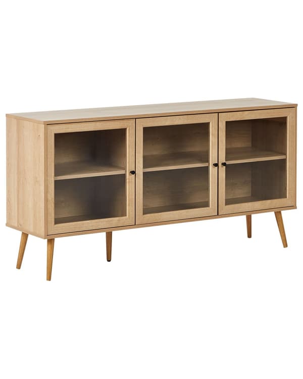 3-dørs Skjenk i Lyst Tre Sponplater Bein i Furu 2 Hyller med Glassfront Minimalistisk Stil