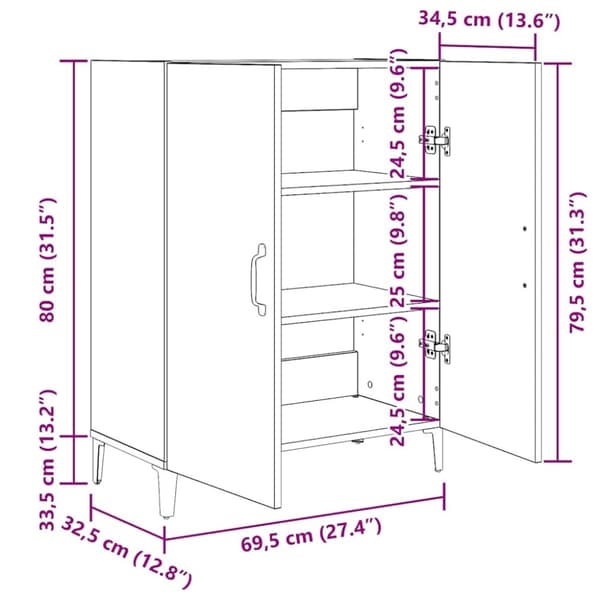vidaXL skænk 69,5x34x90 cm konstrueret træ sort egetræsfarve
