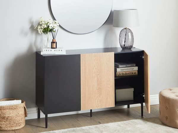 Skjenk Brun Svart MDF Metallben 3 dører Riflet front Moderne design Oppbevaring