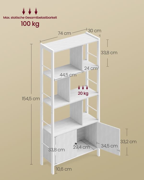 Bogreol, VASAGLE, 30x74x154,5 cm, Ahornhvid.