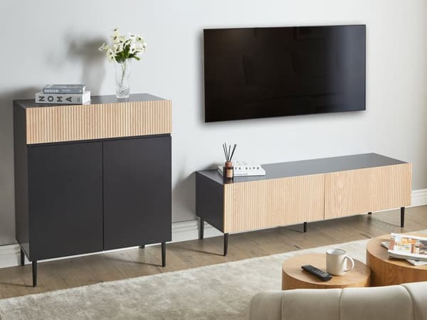 2-dørs skab sort og brun MDF lyst træ ribbet design med skuffe moderne stue