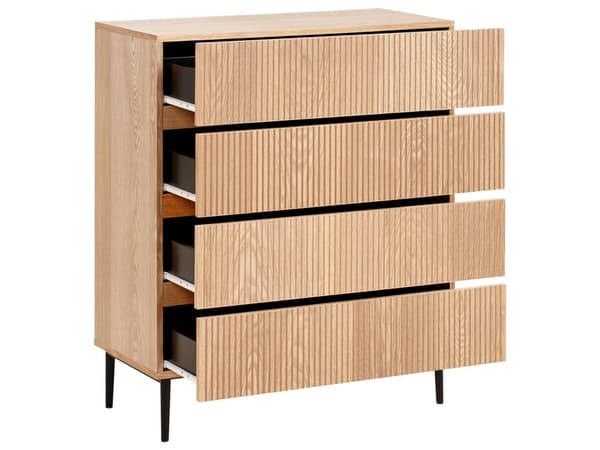 Kommode med 4 skuffer brun MDF lyst træ ribbet design moderne stue soveværelse