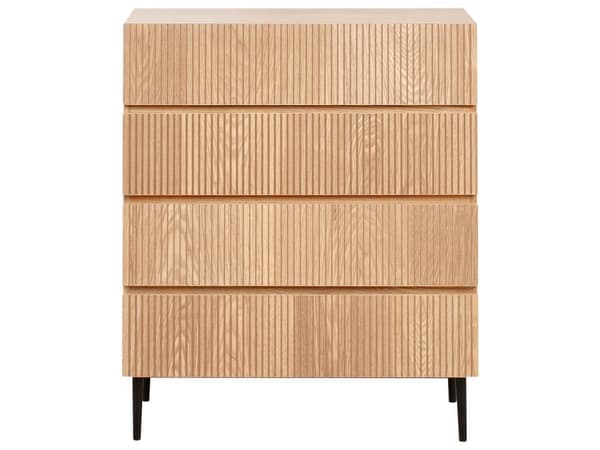 Kommode med 4 skuffer brun MDF lyst træ ribbet design moderne stue soveværelse