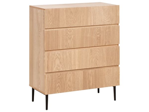 Kommode med 4 skuffer brun MDF lyst træ ribbet design moderne stue soveværelse