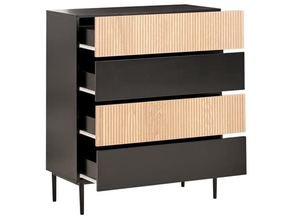Kommode med 4 skuffer sort og brun MDF lyst træ ribbet design moderne stue soveværelse