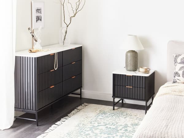 6-skuffekiste Sort MDF Metalben Riflet design Front Moderne opbevaringsenhed Stue Soveværelse