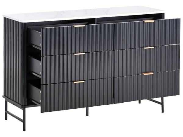 6-skuffekiste Sort MDF Metalben Riflet design Front Moderne opbevaringsenhed Stue Soveværelse