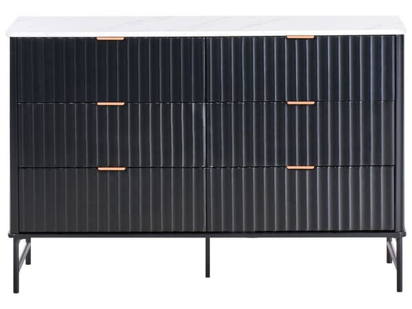 6-skuffekiste Sort MDF Metalben Riflet design Front Moderne opbevaringsenhed Stue Soveværelse