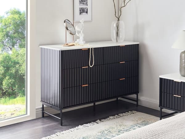 6-skuffekiste Sort MDF Metalben Riflet design Front Moderne opbevaringsenhed Stue Soveværelse