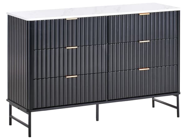 6-skuffekiste Sort MDF Metalben Riflet design Front Moderne opbevaringsenhed Stue Soveværelse