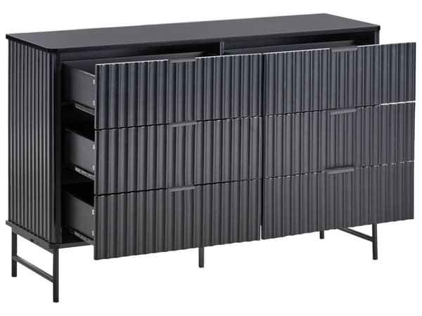 6-skuffekiste Sort MDF Metalben Riflet design Front Moderne opbevaringsenhed Stue Soveværelse
