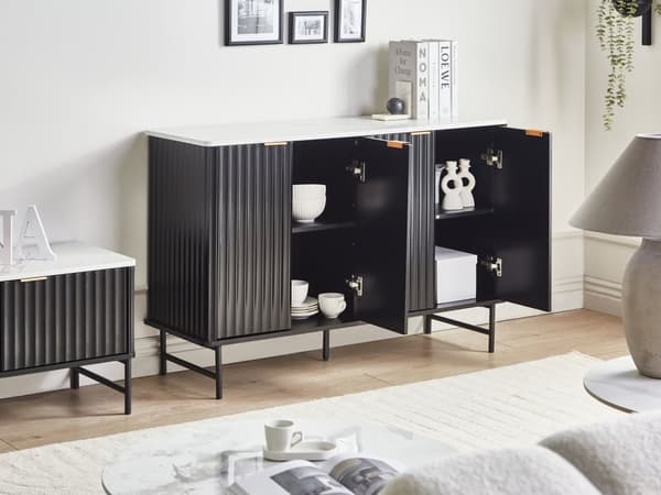 Skjenk Svart MDF 4-dørs Skap med Marmoreffekt Oppbevaring Moderne Minimalistisk Design Oppbevaring i Stue