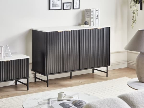 Skjenk Svart MDF 4-dørs Skap med Marmoreffekt Oppbevaring Moderne Minimalistisk Design Oppbevaring i Stue