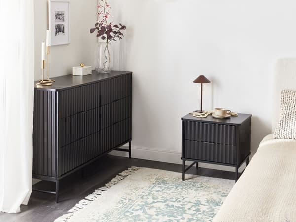 6 Skuffer Kommode Svart MDF Metallben med Riflet Design Front Moderne Oppbevaringsenhet Stue Soverom