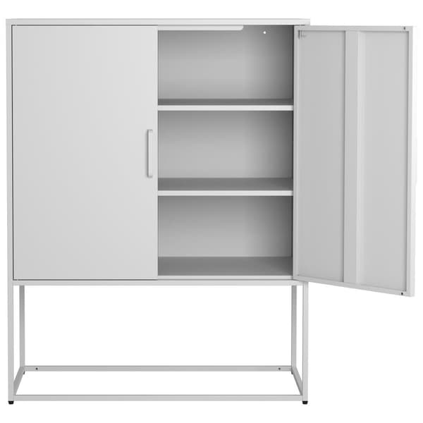 Opbevaringsskab i metal – 2 regaler, fritstående stålhylde med magnetiske døre og anti-tipbeskyttelse, til stue, køkken, kontor, hvid