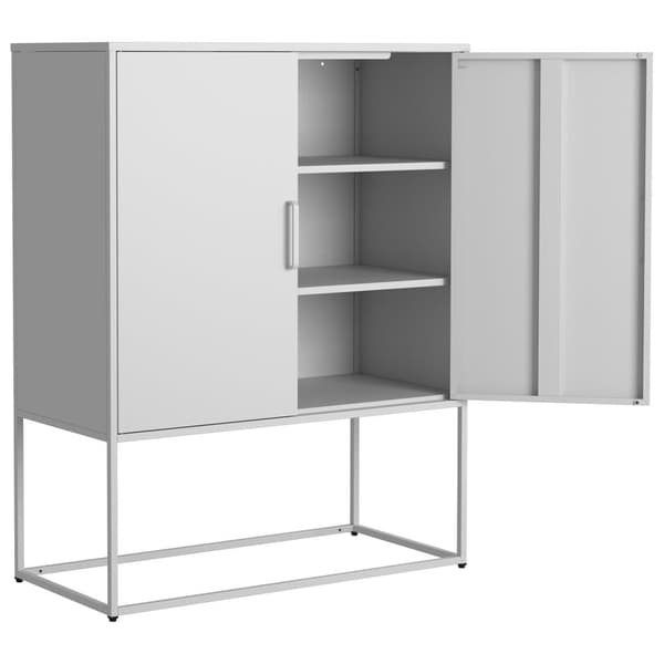 Opbevaringsskab i metal – 2 regaler, fritstående stålhylde med magnetiske døre og anti-tipbeskyttelse, til stue, køkken, kontor, hvid