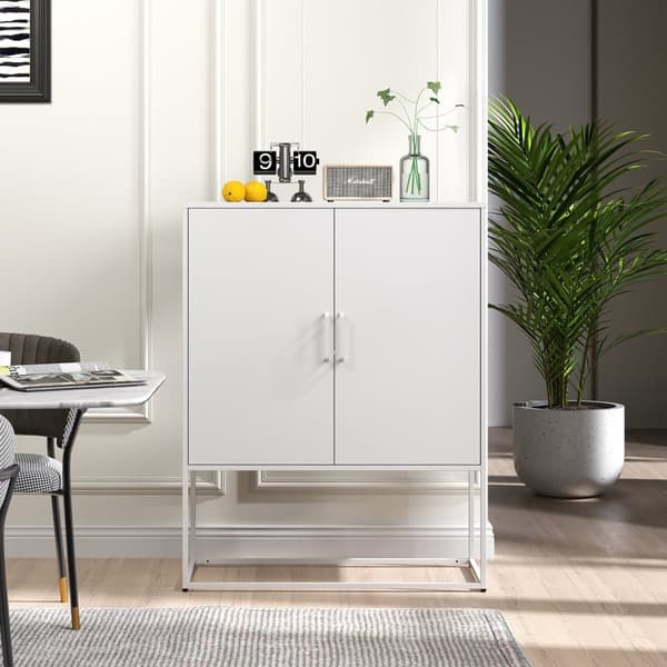 Opbevaringsskab i metal – 2 regaler, fritstående stålhylde med magnetiske døre og anti-tipbeskyttelse, til stue, køkken, kontor, hvid