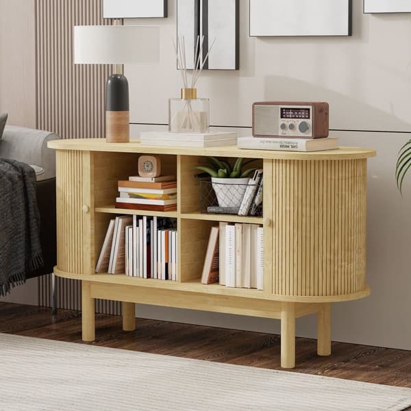 Buffet 138x43x75 cm - med 2 skydelåger - fyrretræsben - med justerbare hylder - lyst naturtræ