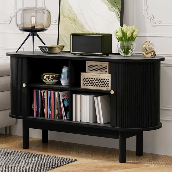 Buffet 138x43x75 cm - med 2 skydelåger - fyrretræsben - med justerbare hylder - sort