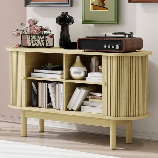 Buffet 138x43x75 cm - 2 liukuovella - männyn jalat - säädettävillä hyllyillä - vaalea luonnonpuu