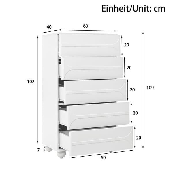 Kommode 60x40x109 cm - med 5 skuffer - Stor opbevaringsplads - Spånplade - Hvid