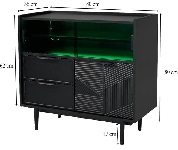 MDF Buffet med LED - 1 Dør, 2 Skuffer og 2 Åbne Rum - Sort