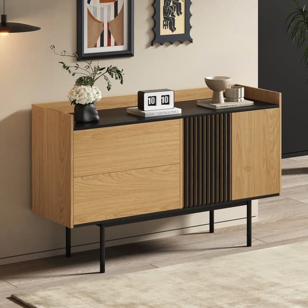 Moderne buffet 130x40x80,5 cm - med 2 skuffer - med 2 låger - justerbare hylder - natur + sort