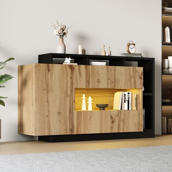 Moderne skænk 140x44x94 cm - med LED-belysning - med 3 låger - natur
