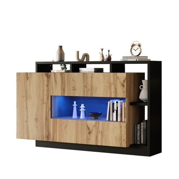 Moderne skænk 140x44x94 cm - med LED-belysning - med 3 låger - natur
