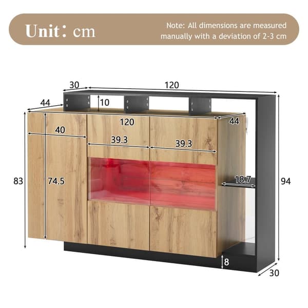Moderne skænk 140x44x94 cm - med LED-belysning - med 3 låger - natur