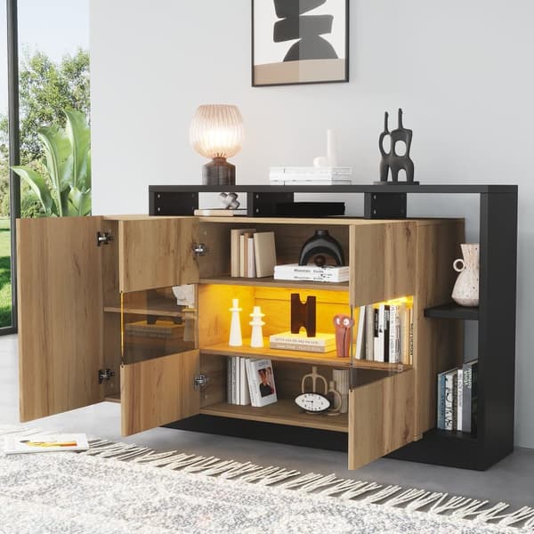 Moderne skænk 140x44x94 cm - med LED-belysning - med 3 låger - natur