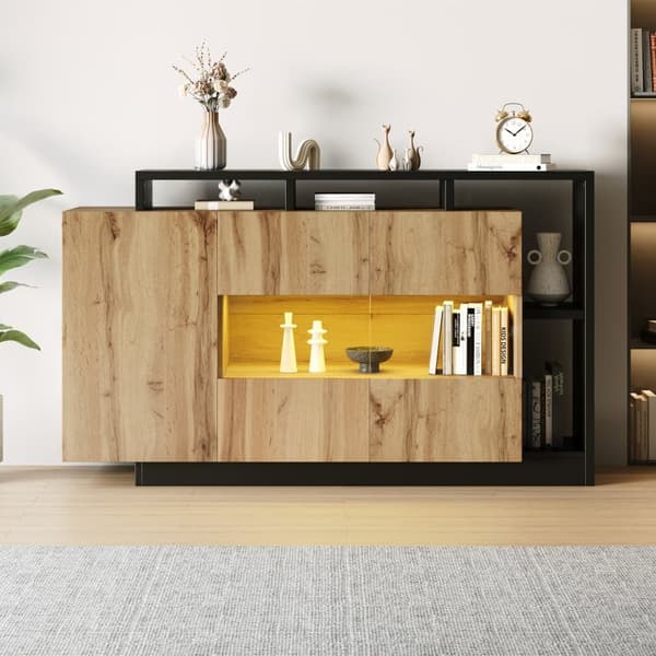 Moderne skænk 140x44x94 cm - med LED-belysning - med 3 låger - natur