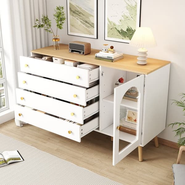 Skænk 40x120x77,5 cm - med 4 skuffer - med 1 låge - spånplade + glas - hvid