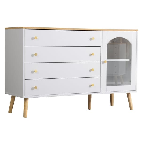 Skænk 40x120x77,5 cm - med 4 skuffer - med 1 låge - spånplade + glas - hvid