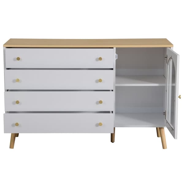 Skænk 40x120x77,5 cm - med 4 skuffer - med 1 låge - spånplade + glas - hvid
