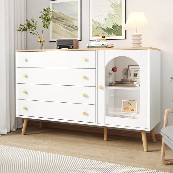 Skænk 40x120x77,5 cm - med 4 skuffer - med 1 låge - spånplade + glas - hvid