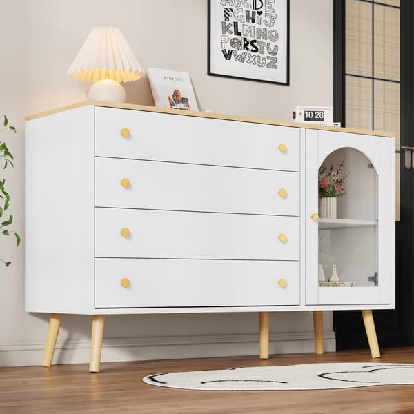 Skänk 40x120x77,5 cm - med 4 lådor - med 1 dörr - spånskiva + glas - vit