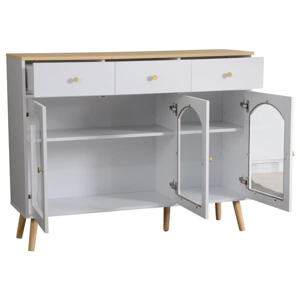 Skænk 34x120x94 cm - med 3 skuffer - med 3 buede låger - med sikkerhedsglas - hvid