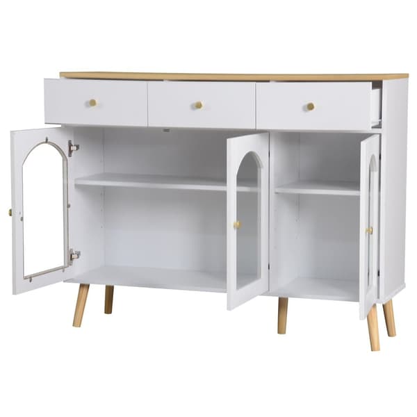 Skænk 34x120x94 cm - med 3 skuffer - med 3 buede låger - med sikkerhedsglas - hvid