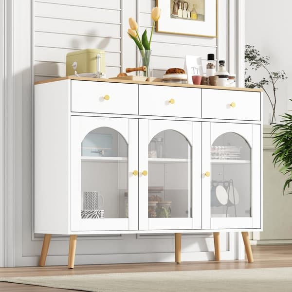 Skænk 34x120x94 cm - med 3 skuffer - med 3 buede låger - med sikkerhedsglas - hvid