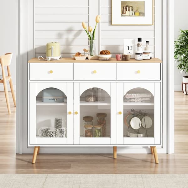 Skänk 34x120x94 cm - med 3 lådor - med 3 svängda dörrar - med säkerhetsglas - vit